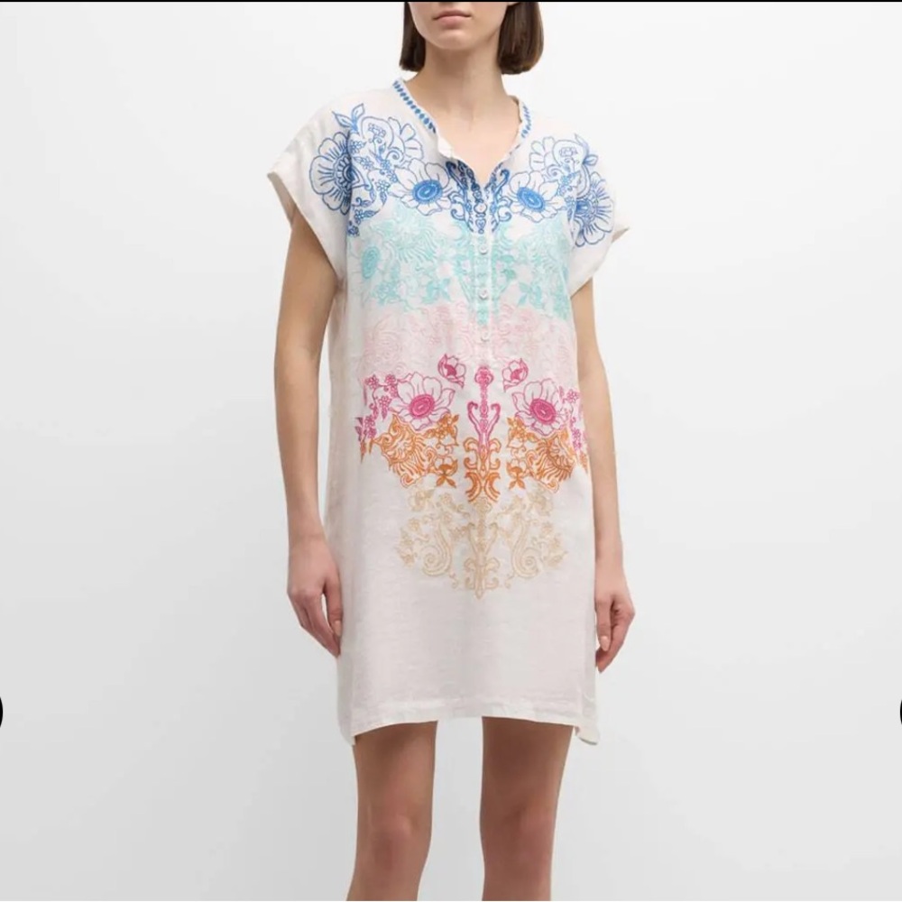 JOHNNY WAS 
Mishti Floral-Embroidered Linen Mini Dress